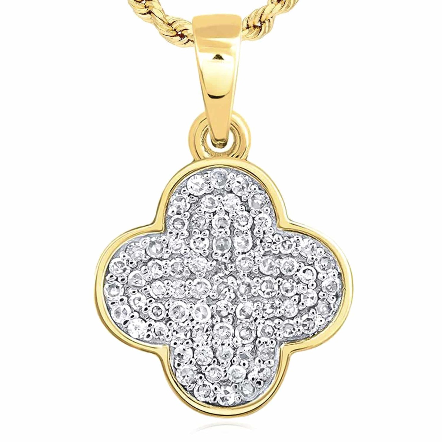 0.20CTW Real Diamond 10K Real Gold White Clover Leaf Pendant 0.4"