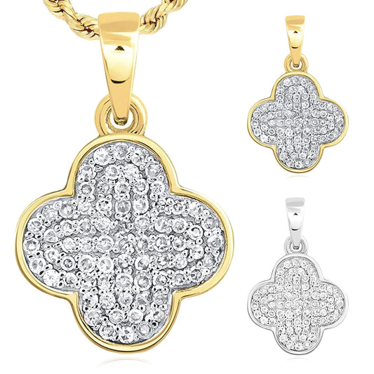 0.20CTW Real Diamond 10K Real Gold White Clover Leaf Pendant 0.4"