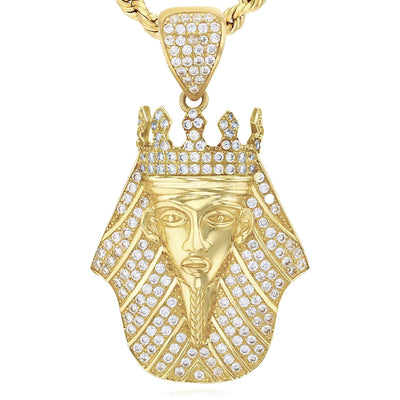 14K Gold CZ Pharaoh Head Pendant 1.5" - WJD Exclusives