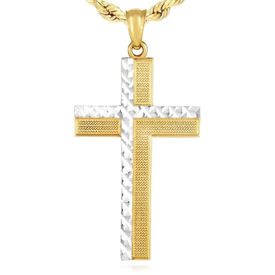 14K Gold Two - Tone Yellow White Cross Pendant 1.4" - WJD Exclusives