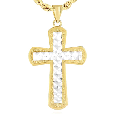 14K Gold Two - Tone Yellow White Cross Pendant 1.6" - WJD Exclusives