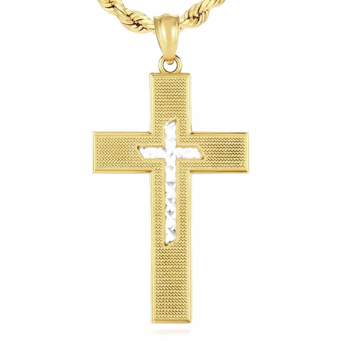 14K Gold Two - Tone Yellow White Textured Cross Pendant 1.4" - WJD Exclusives