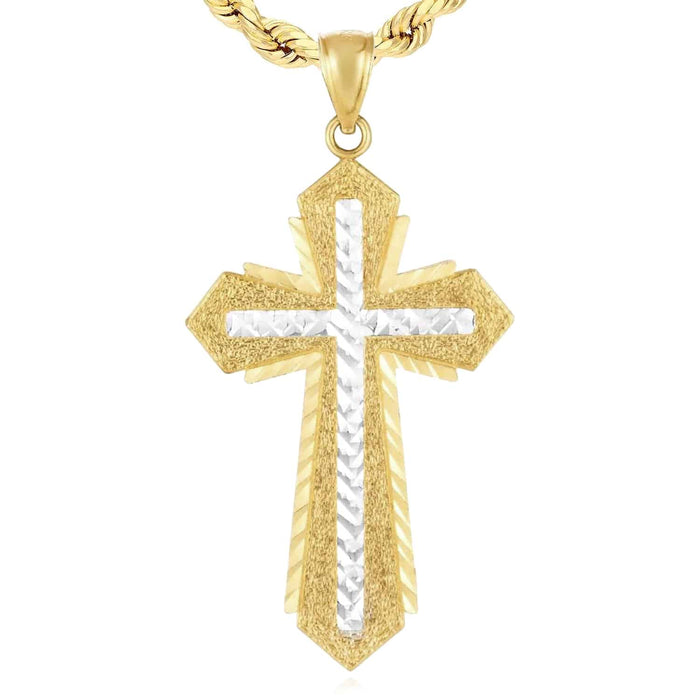 14K Gold Two - Tone Yellow White Three - Layer Cross Pendant 1.6" - WJD Exclusives
