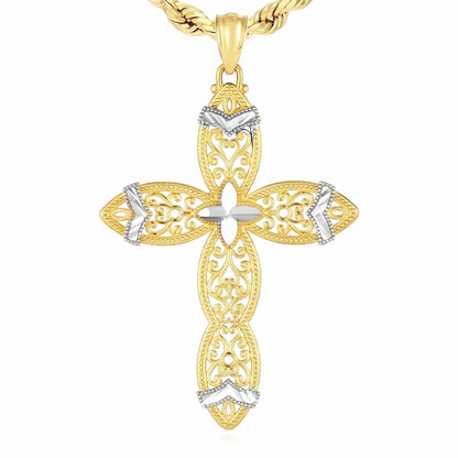 14K Real Gold Two-Tone Yellow White Ornamental Pattern Pendant 1.6"
