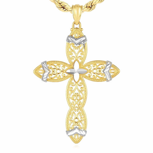 14K Real Gold Two-Tone Yellow White Ornamental Pattern Pendant 1.6"