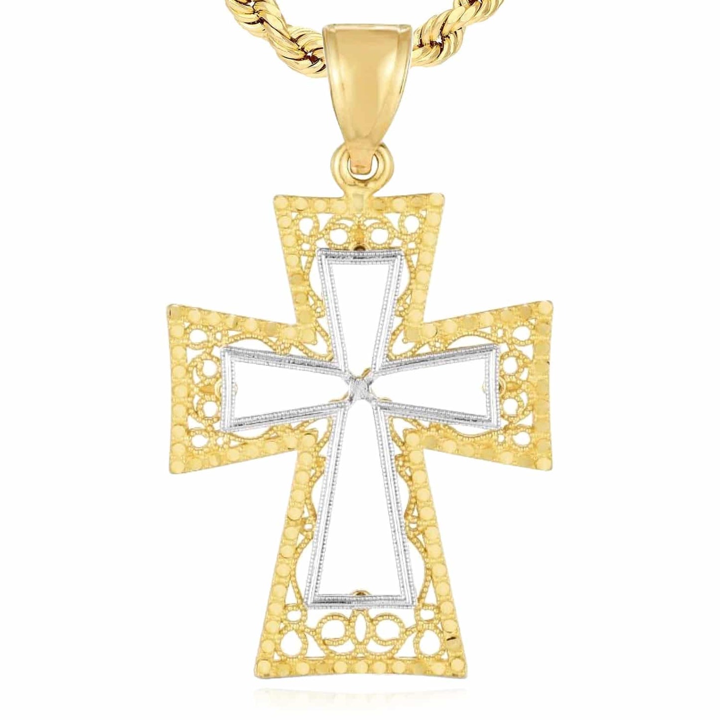 14K Real Gold Two-Tone Yellow White Textured Pendant 1.45"
