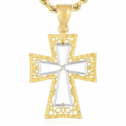 14K Real Gold Two-Tone Yellow White Textured Pendant 1.45"
