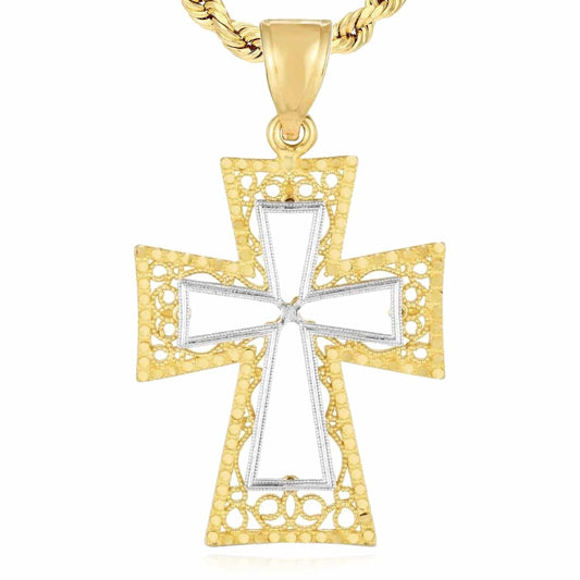 14K Real Gold Two-Tone Yellow White Textured Pendant 1.45"