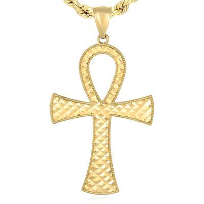 14K Gold Diamond - Cut Textured Ankh Cross Pendant 2" - WJD Exclusives