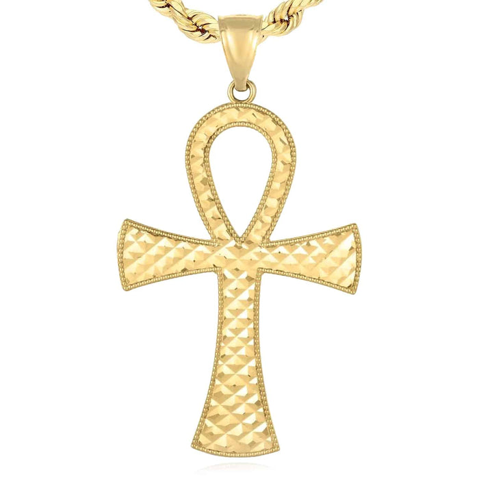 14K Gold Diamond - Cut Textured Ankh Cross Pendant 2" - WJD Exclusives