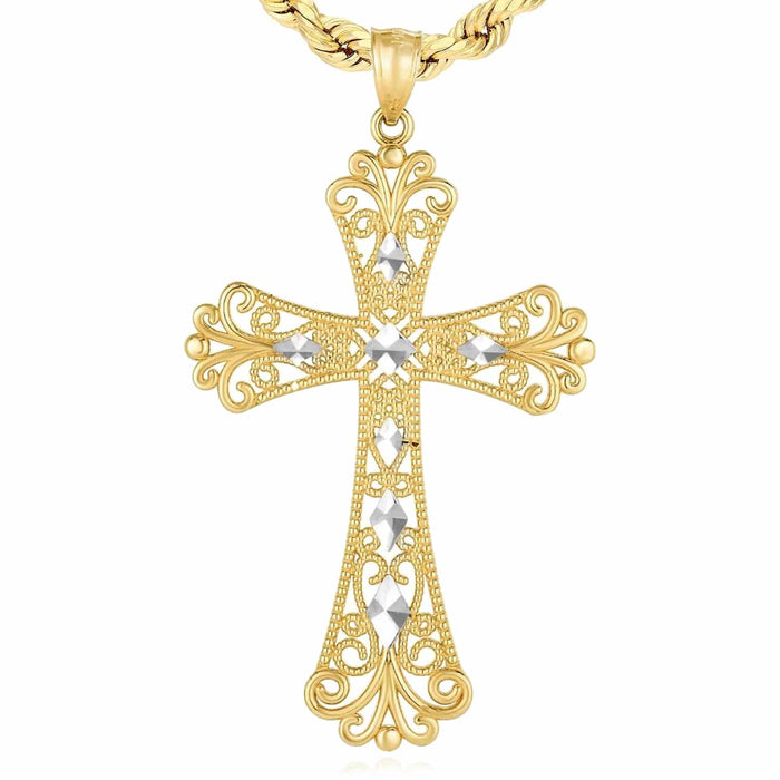 14K Gold Two - Tone Yellow White Textured Cross Pendant 2" - WJD Exclusives