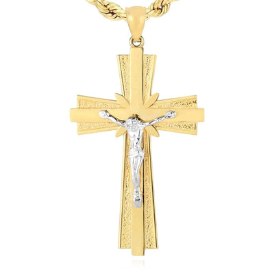 14K Gold Two - Tone Yellow White Jesus Crucifix Cross Pendant 1.8" - WJD Exclusives