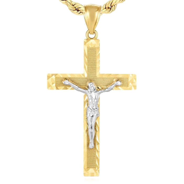 14K Gold Two - Tone Yellow White Jesus Crucifix Cross Pendant 2" - WJD Exclusives