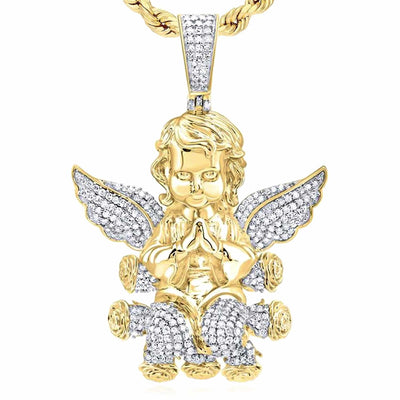 1.20CTW Natural Diamonds 10K Yellow Gold Praying Angel Pendant 2.1" - WJD Exclusives