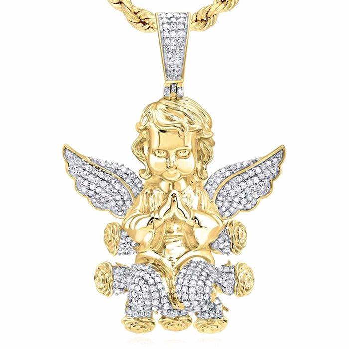 1.20CTW Natural Diamonds 10K Yellow Gold Praying Angel Pendant 2.1" - WJD Exclusives