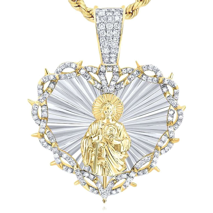 0.75CTW Natural Diamond 10K Gold Two - Tone Heart St Jude Pendant 1.65" - WJD Exclusives