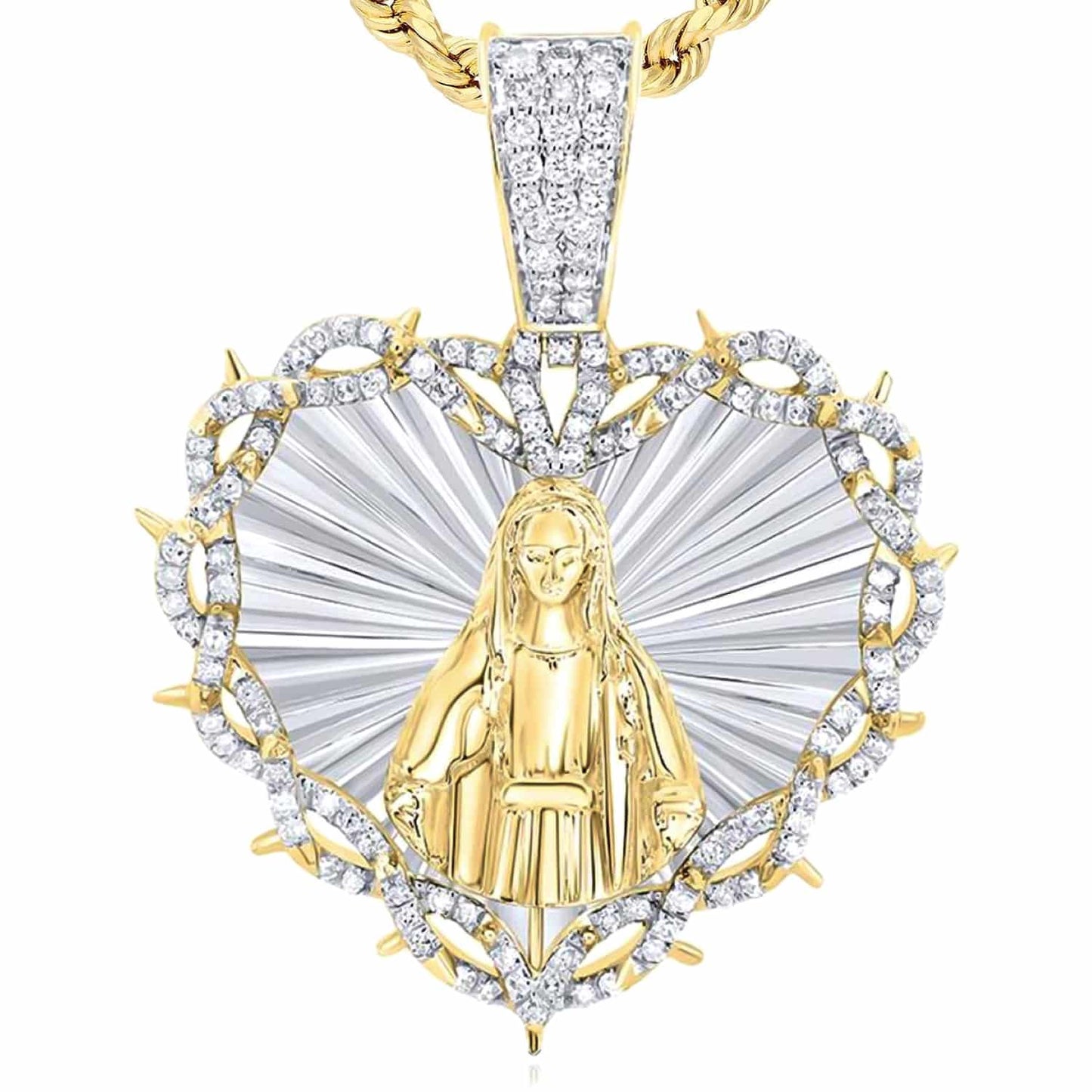 0.75CTW Real Diamond 10K Gold Two-Tone Heart Mother Mary Pendant 1.65"