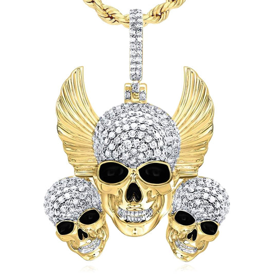 1.00CTW Real Diamond 10K Yellow Gold Three Skulls Wings Pendant