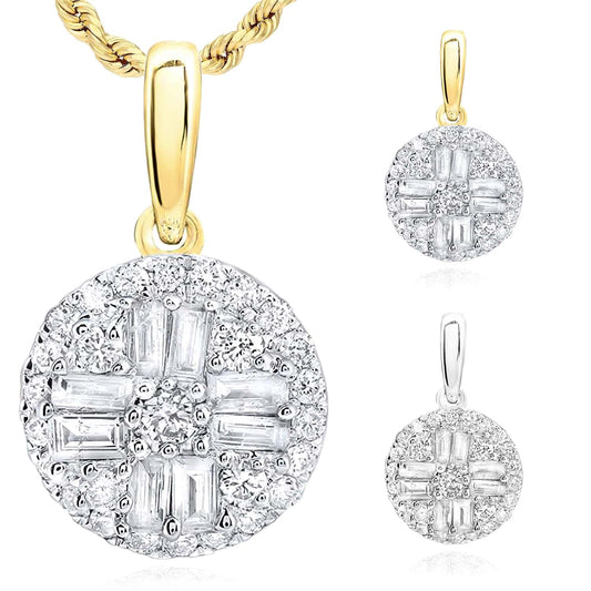 0.33CTW Real Diamond Baguette 10K Gold Yellow White Round Pendant 0.6"