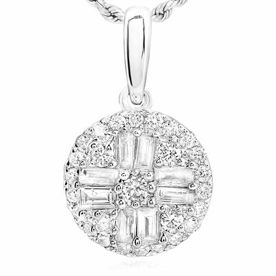 0.33CTW Natural Diamond Baguette 10K Gold Yellow White Round Pendant 0.6" - WJD Exclusives