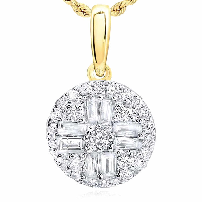 0.33CTW Natural Diamond Baguette 10K Gold Yellow White Round Pendant 0.6" - WJD Exclusives