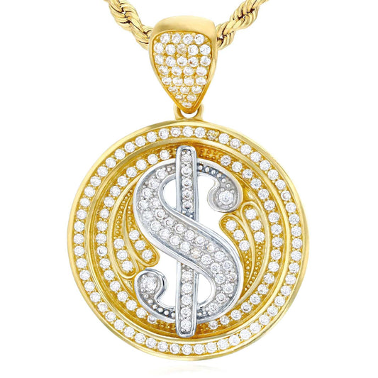 14K Real Gold Two-Tone Yellow White CZ Dollar Sign Round Pendant 1.45"