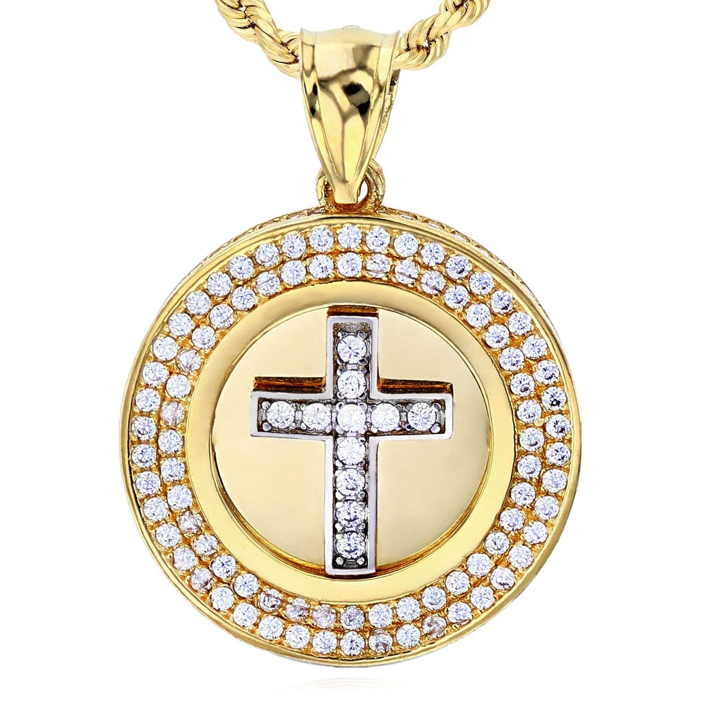 14K Real Gold Two-Tone Yellow White CZ Round Cross Pendant 1.2"