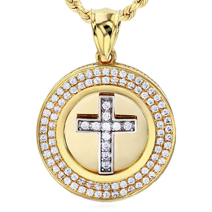14K Real Gold Two-Tone Yellow White CZ Round Cross Pendant 1.2"