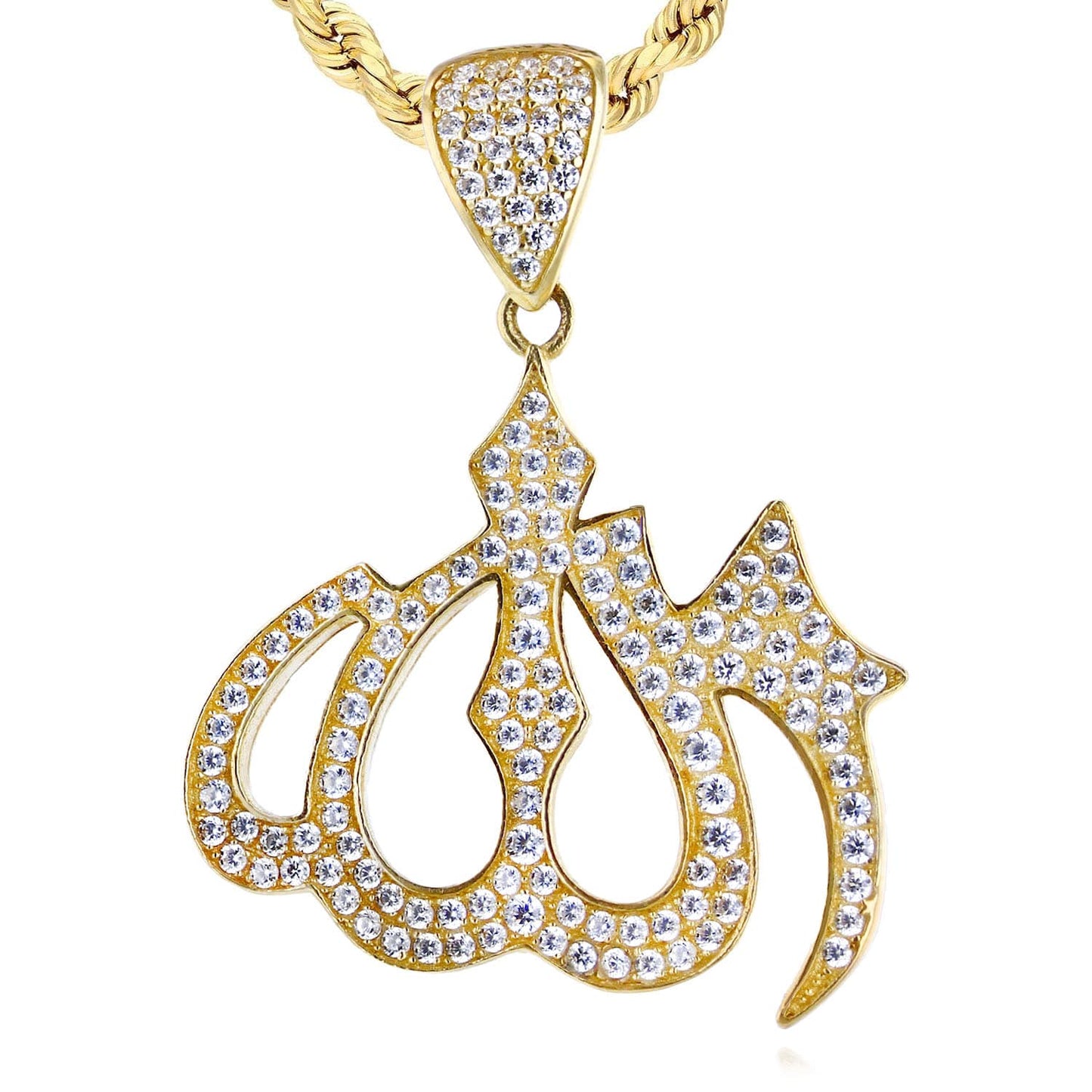 14K Real Gold CZ Allah Pendant 1.4"