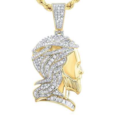 0.75CTW Natural Diamonds 10K Yellow Gold Bearded Man Side Profile Pendant 1.65" - WJD Exclusives
