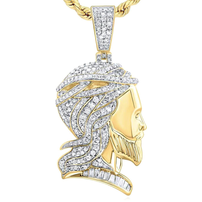 0.75CTW Natural Diamonds 10K Yellow Gold Bearded Man Side Profile Pendant 1.65" - WJD Exclusives