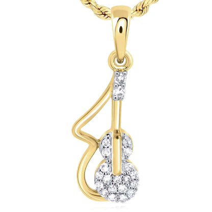 0.08CTW Real Diamond 10K Yellow Gold Violin Pendant 0.75"
