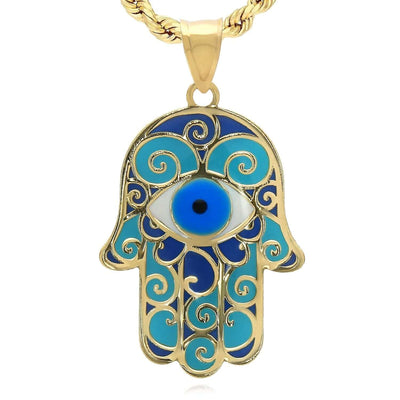 Real 14K Gold Enamel Hamsa Hand Evil Eye Pendant 1.1" – European Made - WJD Exclusives
