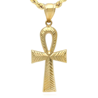 10K Gold Diamond - Cut Ankh Cross Pendant 1.5" - 1.8" - WJD Exclusives