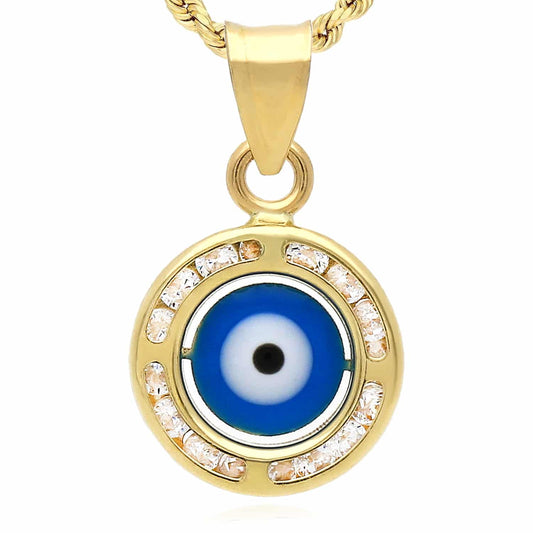 10K Real Gold CZ Round Evil Eye Pendant 0.8"