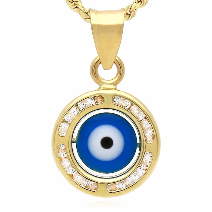10K Gold CZ Round Evil Eye Pendant 0.8" - WJD Exclusives