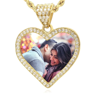 10K Yellow Gold CZ Memory Picture Heart Pendant 1.1" - 1.6" - WJD Exclusives