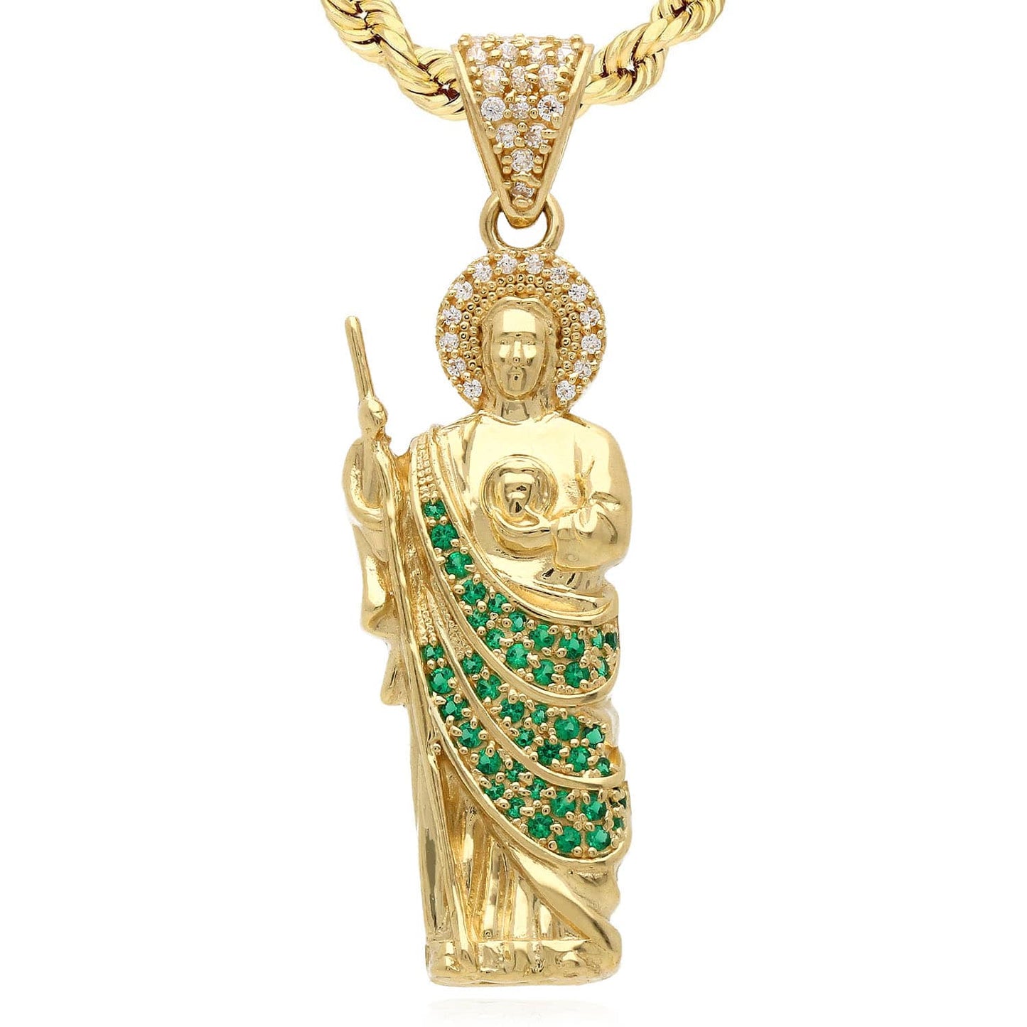 14K Real Gold 1.05CTW CZ Green St Judas Pendant 2"
