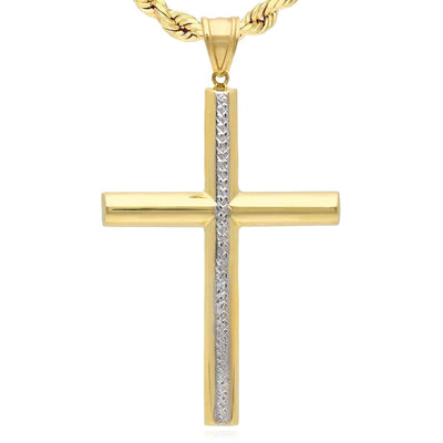 14K Gold Yellow White Diamond - Cut Stripe Cross Pendant 3.2" - WJD Exclusives
