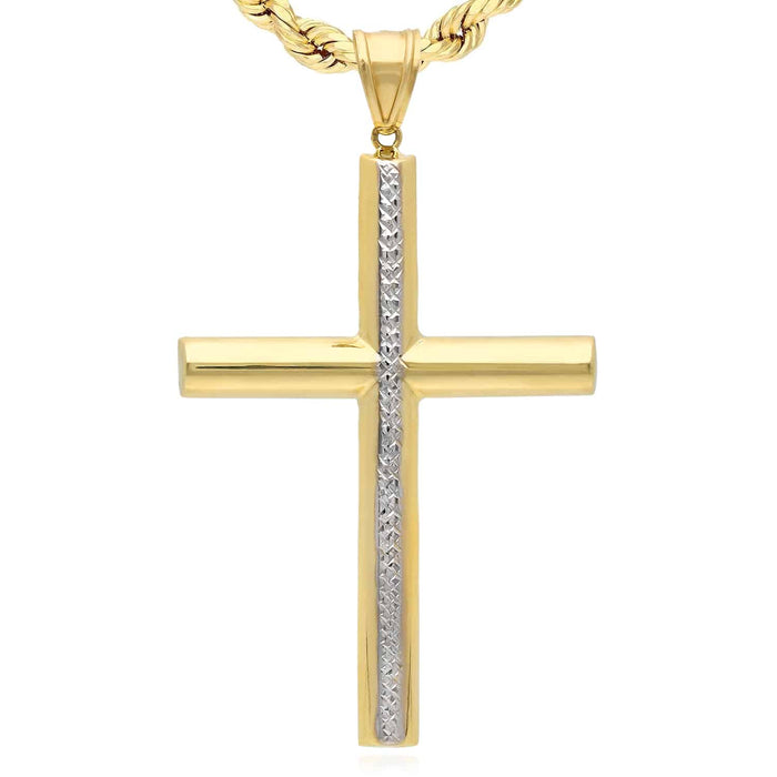 14K Gold Yellow White Diamond - Cut Stripe Cross Pendant 3.2" - WJD Exclusives