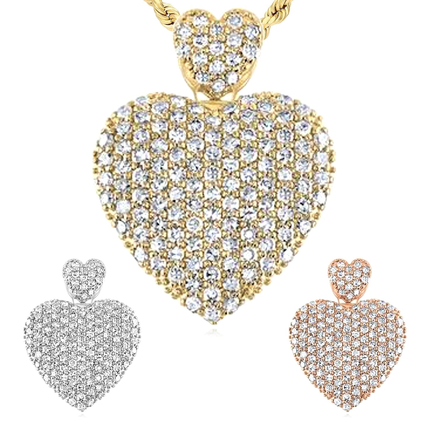 0.75CTW Real Diamond 10K Gold Yellow White Rose Pave Heart Pendant 0.8"