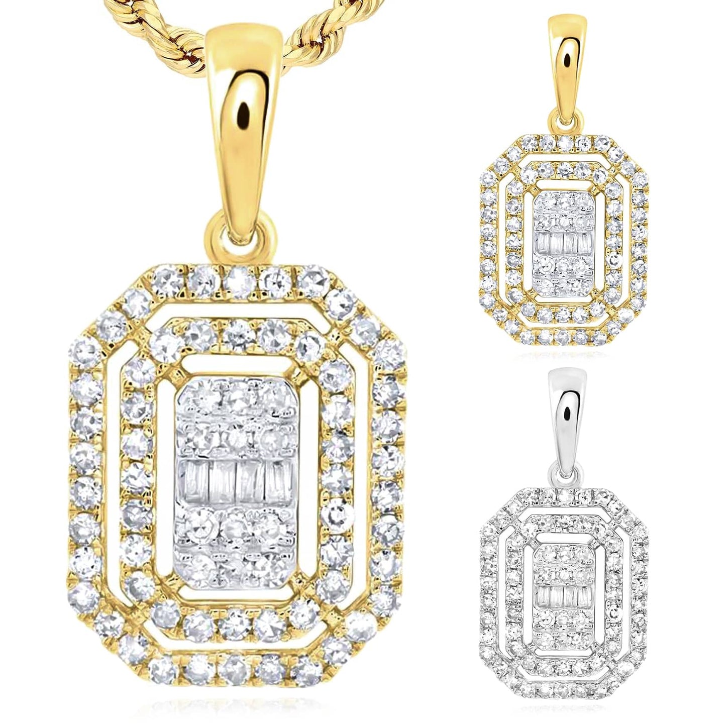 0.35CTW Real Diamond 10K Gold White Yellow Emerald-Cut Pendant