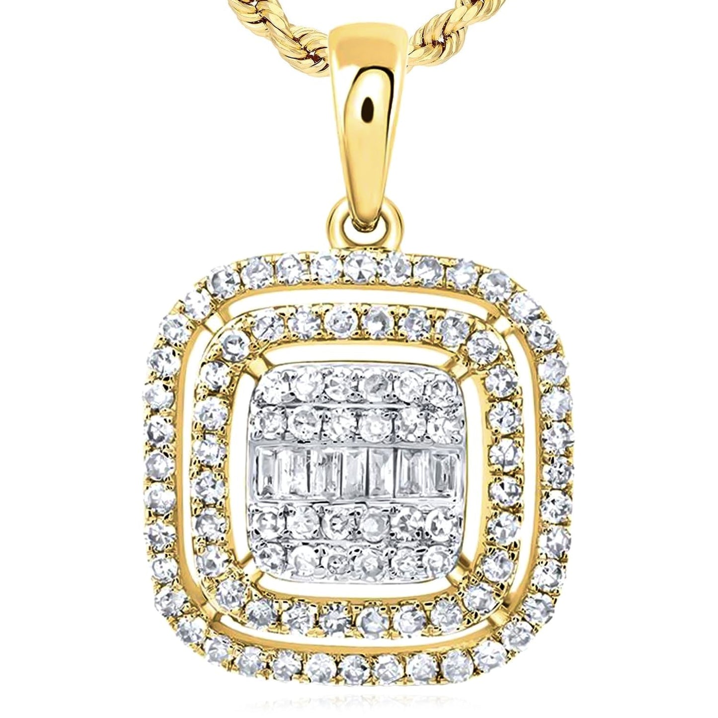 0.50CTW Real Diamond 10K Gold White Yellow Double-Framed Rectangle Pendant