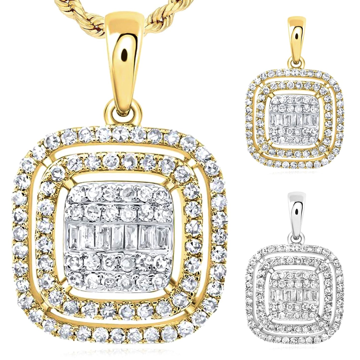 0.50CTW Real Diamond 10K Gold White Yellow Double-Framed Rectangle Pendant