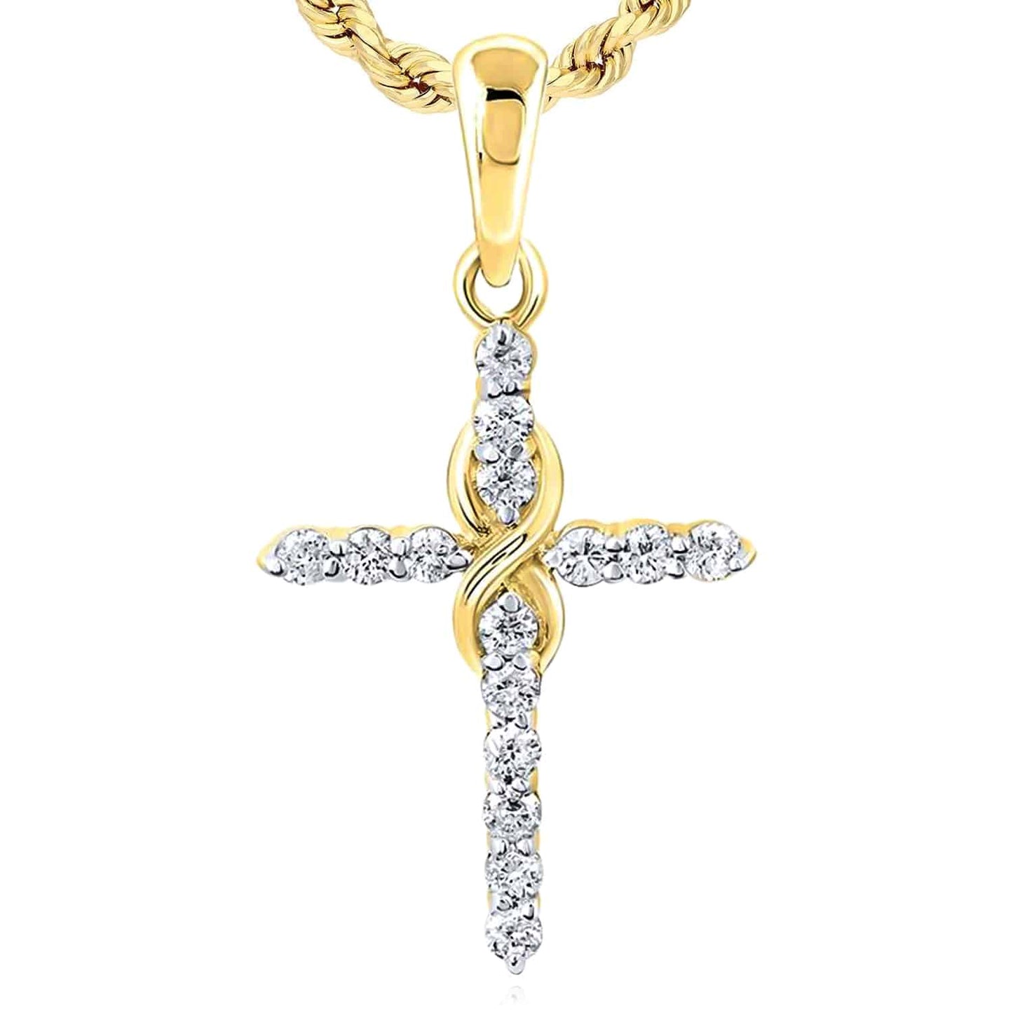 0.16CTW Real Diamond 10K Real Gold White Rose Infinity Cross Pendant 0.85"