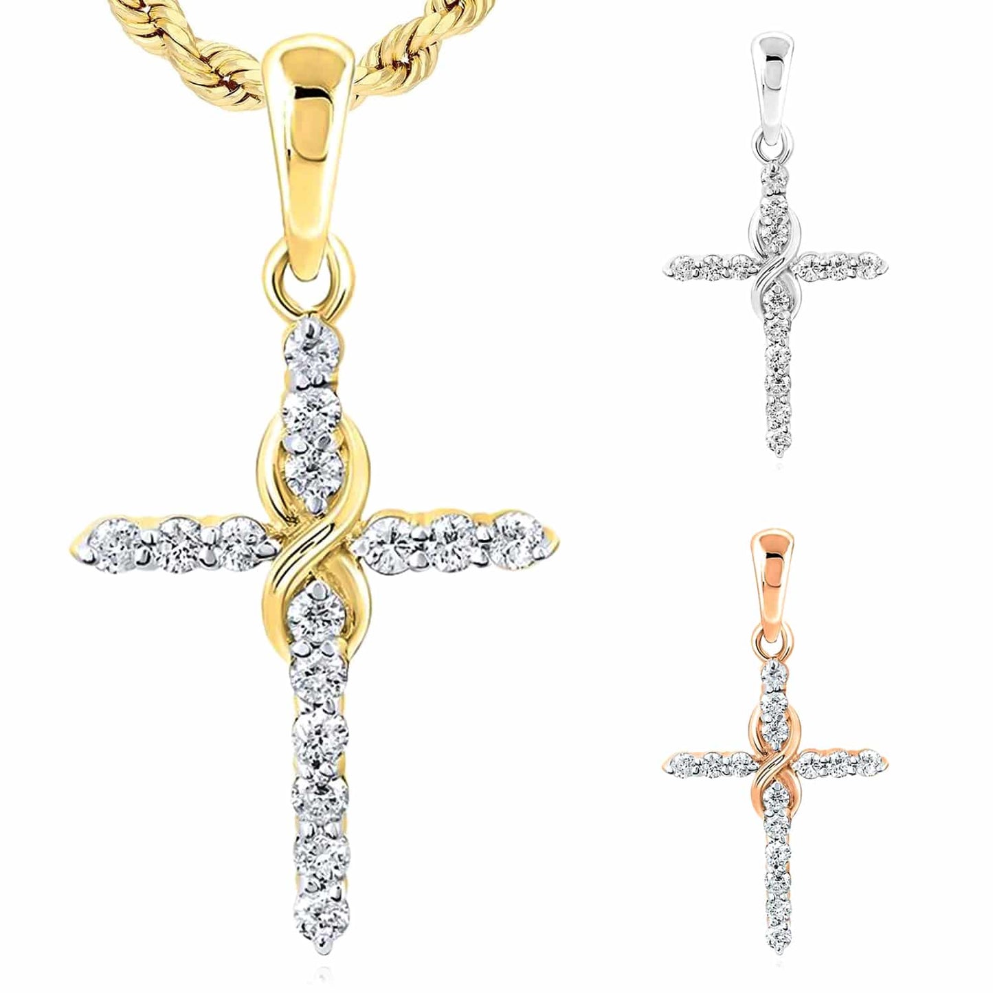 0.16CTW Real Diamond 10K Real Gold White Rose Infinity Cross Pendant 0.85"