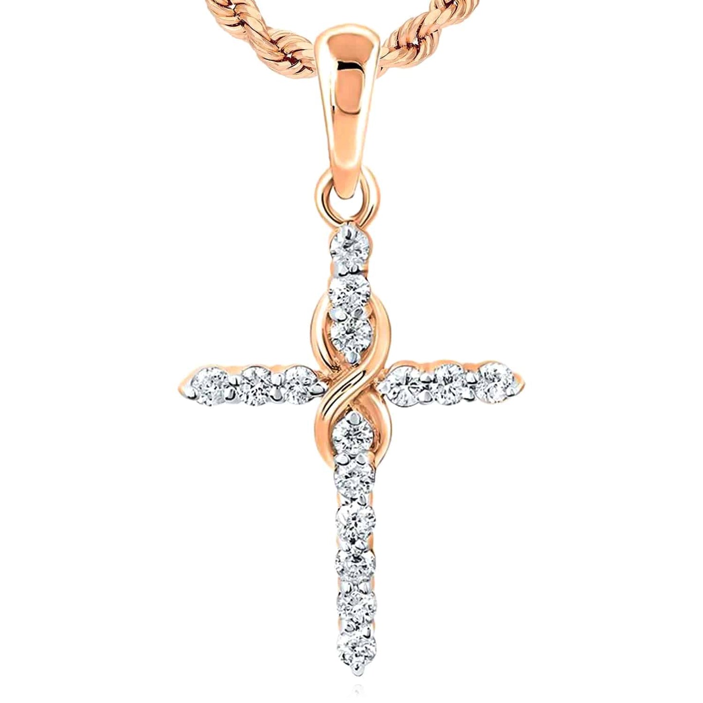 0.16CTW Real Diamond 10K Real Gold White Rose Infinity Cross Pendant 0.85"