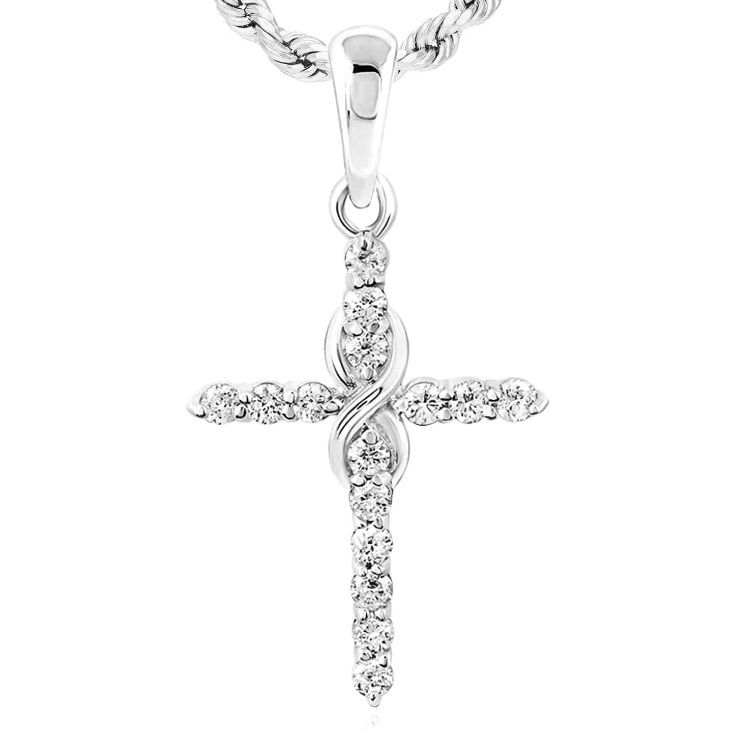 0.16CTW Real Diamond 10K Real Gold White Rose Infinity Cross Pendant 0.85"