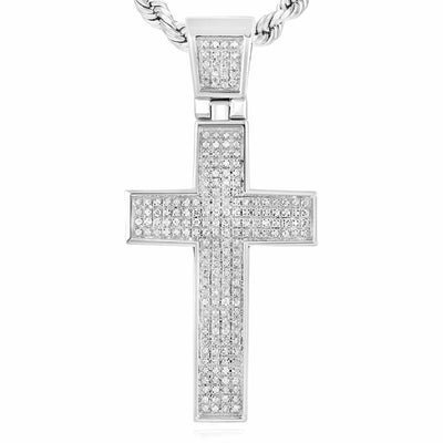 0.50CTW Natural Diamond Sterling Silver Cross Pendant 1.85" - WJD Exclusives