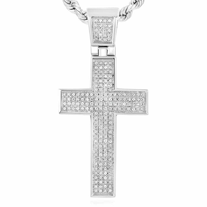 0.50CTW Natural Diamond Sterling Silver Cross Pendant 1.85" - WJD Exclusives
